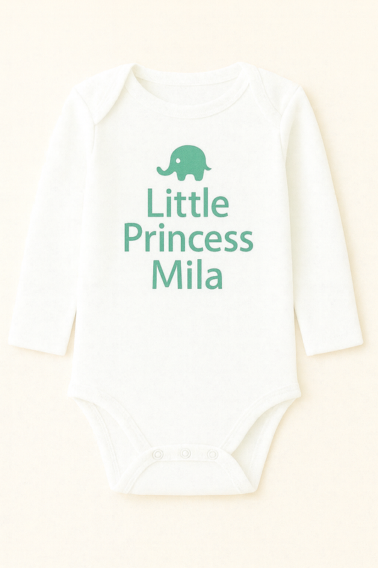 Langarm-Babybody mit Elefantenmotiv & Wunschtext (100% Baumwolle)