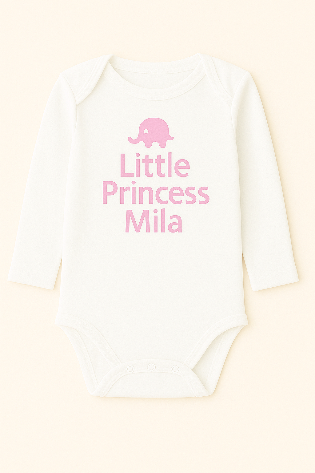 Langarm-Babybody mit Elefantenmotiv & Wunschtext (100% Baumwolle)
