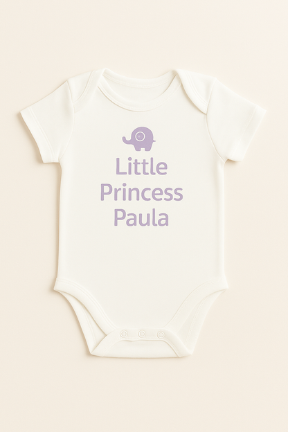 Kurzarm-Babybody mit Elefantenmotiv & Wunschtext (100% Baumwolle)