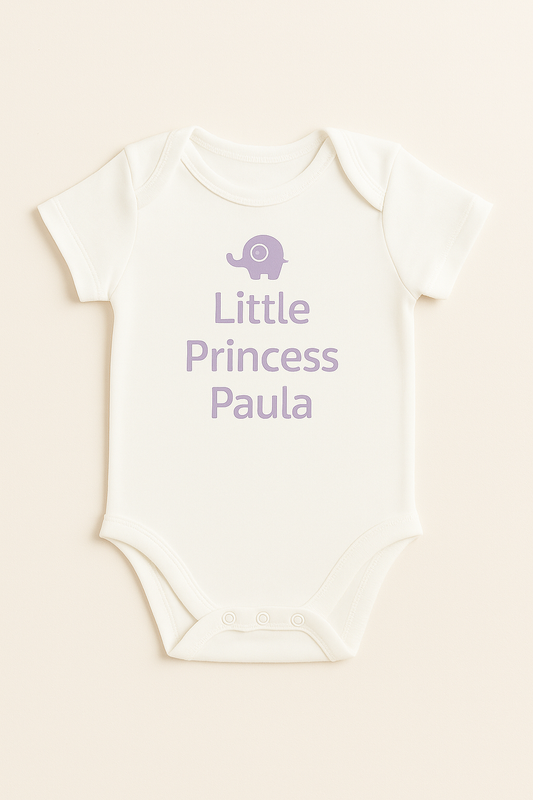 Kurzarm-Babybody mit Elefantenmotiv & Wunschtext (100% Baumwolle)