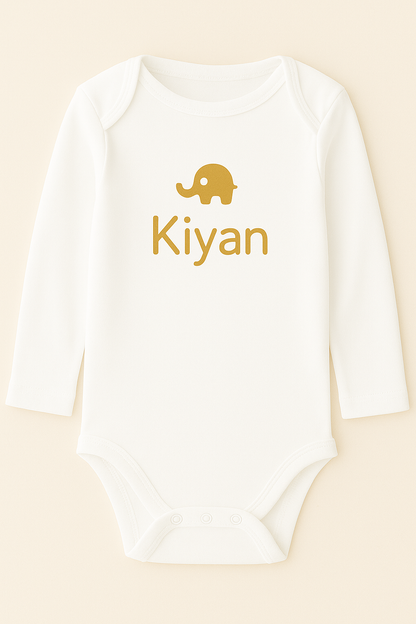 Langarm-Babybody mit Elefantenmotiv & Name (100% Baumwolle)