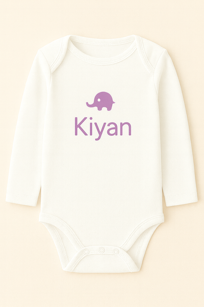 Langarm-Babybody mit Elefantenmotiv & Name (100% Baumwolle)