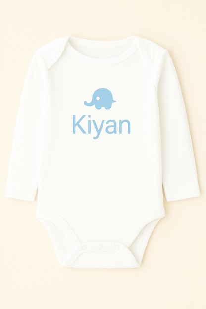 Langarm-Babybody mit Elefantenmotiv & Name (100% Baumwolle)