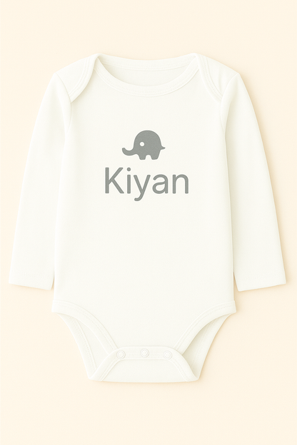 Langarm-Babybody mit Elefantenmotiv & Name (100% Baumwolle)