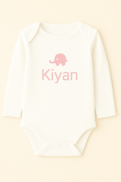 Langarm-Babybody mit Elefantenmotiv & Name (100% Baumwolle)
