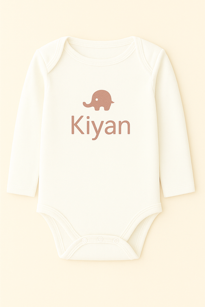 Langarm-Babybody mit Elefantenmotiv & Name (100% Baumwolle)