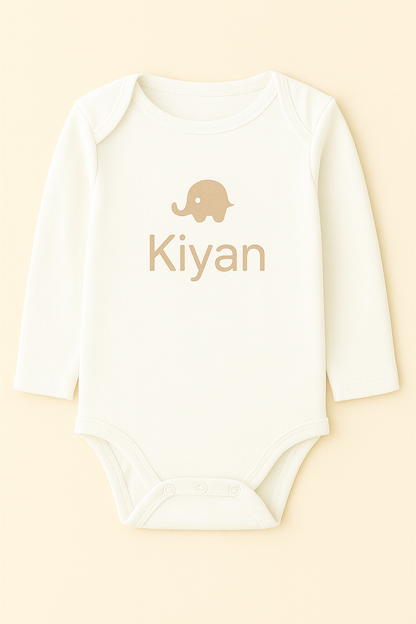 Langarm-Babybody mit Elefantenmotiv & Name (100% Baumwolle)