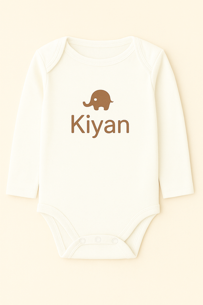Langarm-Babybody mit Elefantenmotiv & Name (100% Baumwolle)
