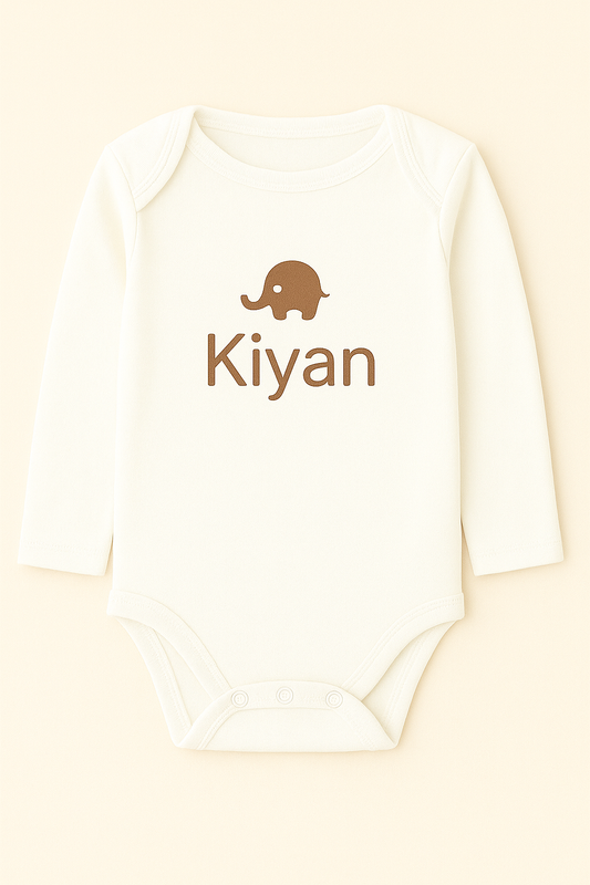 Langarm-Babybody mit Elefantenmotiv & Name (100% Baumwolle)