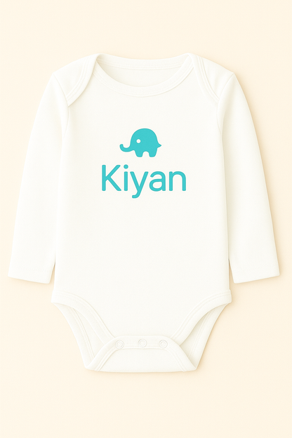 Langarm-Babybody mit Elefantenmotiv & Name (100% Baumwolle)