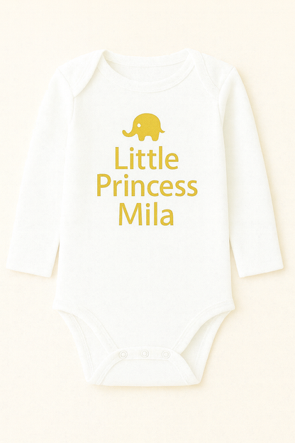 Langarm-Babybody mit Elefantenmotiv & Wunschtext (100% Baumwolle)