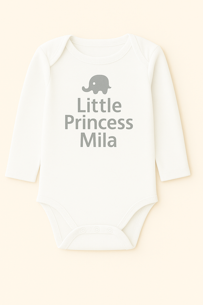 Langarm-Babybody mit Elefantenmotiv & Wunschtext (100% Baumwolle)