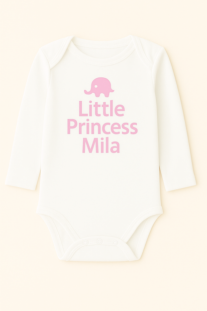 Langarm-Babybody mit Elefantenmotiv & Wunschtext (100% Baumwolle)