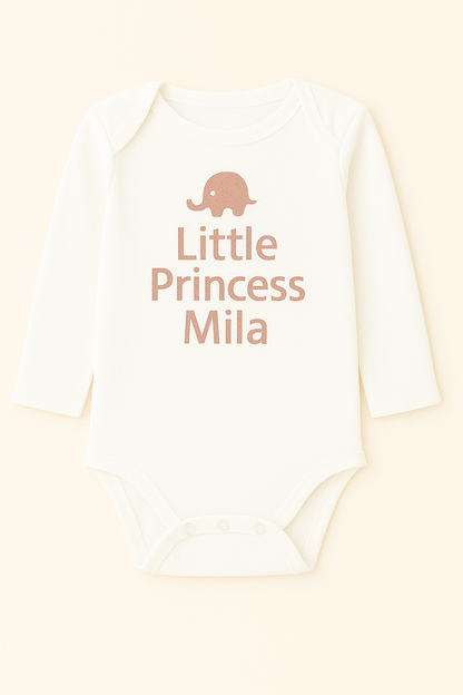 Langarm-Babybody mit Elefantenmotiv & Wunschtext (100% Baumwolle)