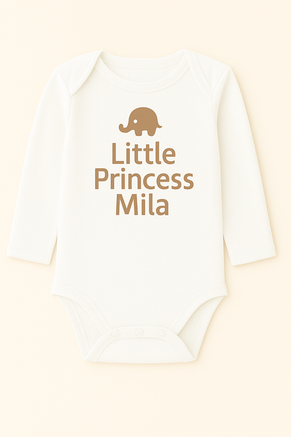 Langarm-Babybody mit Elefantenmotiv & Wunschtext (100% Baumwolle)
