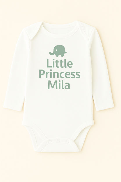 Langarm-Babybody mit Elefantenmotiv & Wunschtext (100% Baumwolle)
