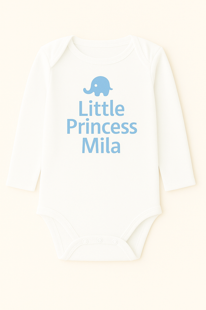 Langarm-Babybody mit Elefantenmotiv & Wunschtext (100% Baumwolle)