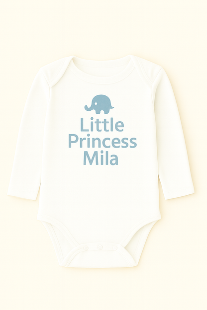 Langarm-Babybody mit Elefantenmotiv & Wunschtext (100% Baumwolle)