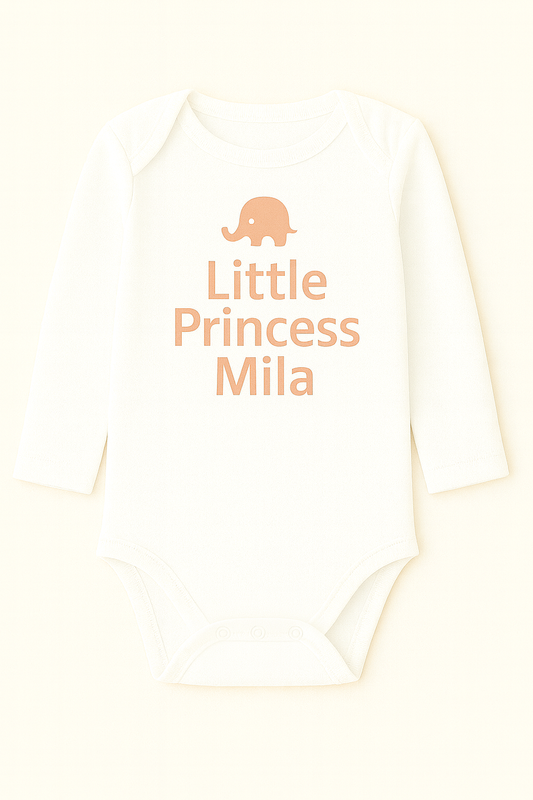 Langarm-Babybody mit Elefantenmotiv & Wunschtext (100% Baumwolle)