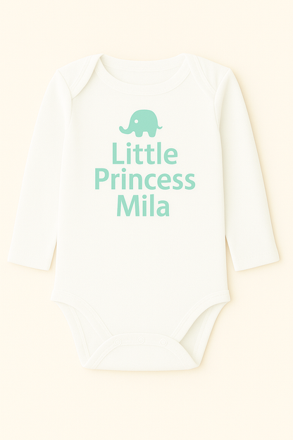 Langarm-Babybody mit Elefantenmotiv & Wunschtext (100% Baumwolle)