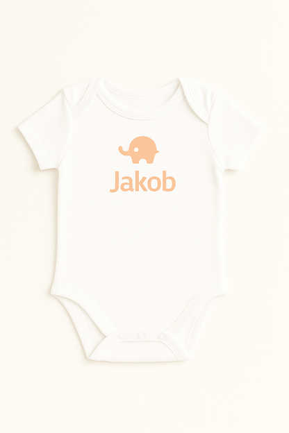 Kurzarm-Babybody mit Elefantenmotiv & Namen (100% Baumwolle)