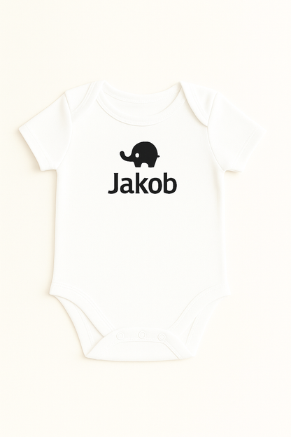 Kurzarm-Babybody mit Elefantenmotiv & Namen (100% Baumwolle)