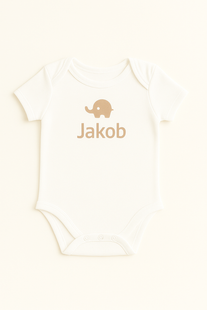Kurzarm-Babybody mit Elefantenmotiv & Namen (100% Baumwolle)