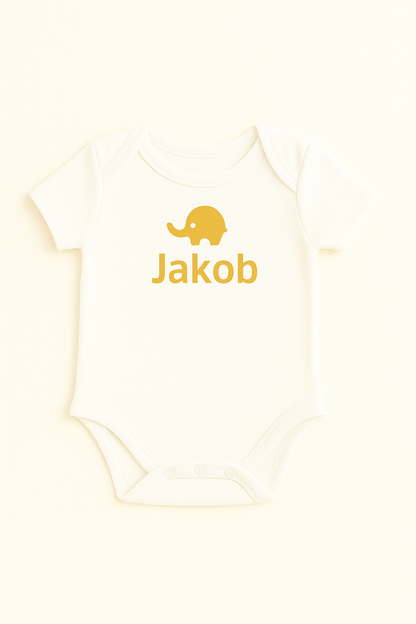 Kurzarm-Babybody mit Elefantenmotiv & Namen (100% Baumwolle)