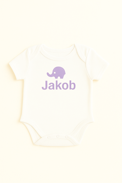 Kurzarm-Babybody mit Elefantenmotiv & Namen (100% Baumwolle)