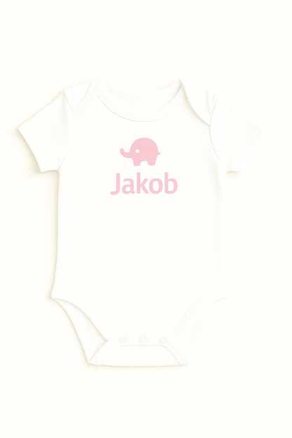 Kurzarm-Babybody mit Elefantenmotiv & Namen (100% Baumwolle)