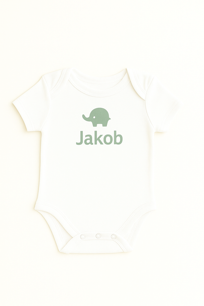 Kurzarm-Babybody mit Elefantenmotiv & Namen (100% Baumwolle)