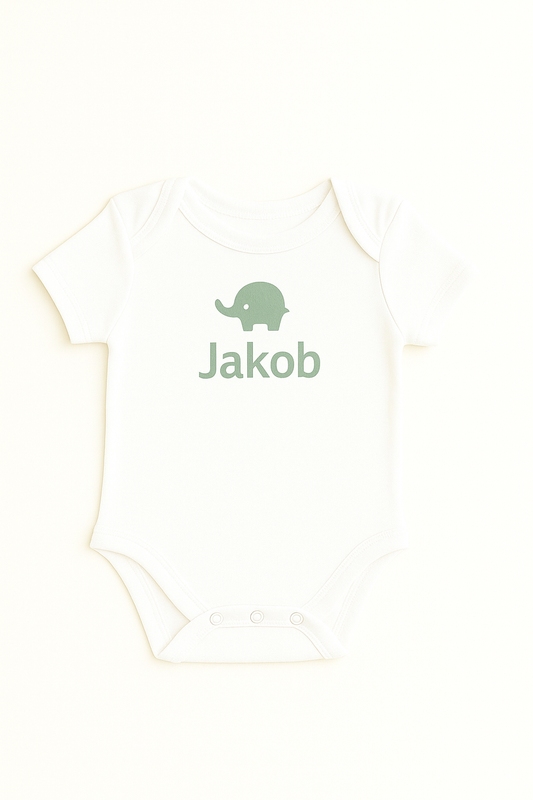 Kurzarm-Babybody mit Elefantenmotiv & Namen (100% Baumwolle)