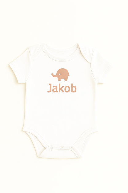 Kurzarm-Babybody mit Elefantenmotiv & Namen (100% Baumwolle)