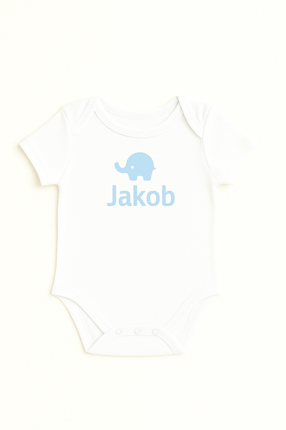 Kurzarm-Babybody mit Elefantenmotiv & Namen (100% Baumwolle)