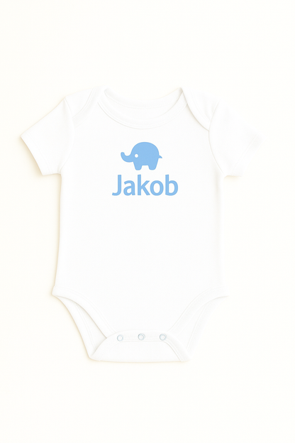 Kurzarm-Babybody mit Elefantenmotiv & Namen (100% Baumwolle)